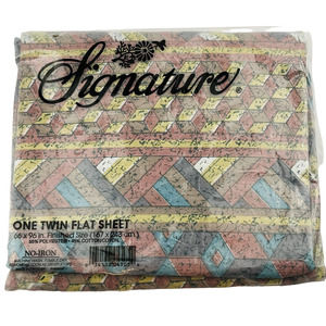 Vintage Signature Twin Flat Bed Sheet Multicolor Diamond Geometric No‎ Iron